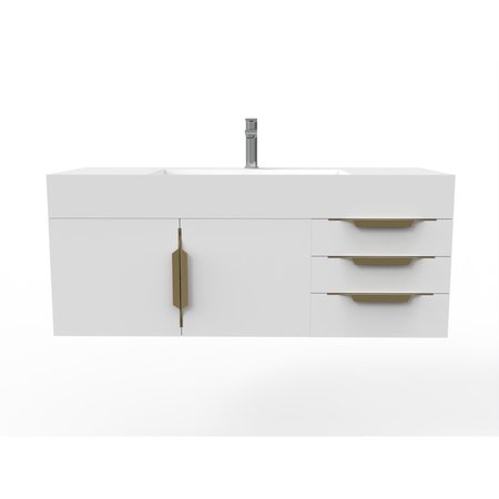CASTELLO USA Amazon 48" Wall Mounted  White Vanity With White Top And Gold Handles CB-MC-48W-GLD-2056-WH